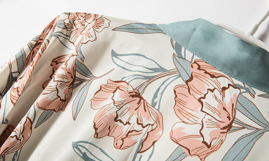 New Women Kimono Bathrobe Gown Satin Print Flower Sleepwear Homewear
