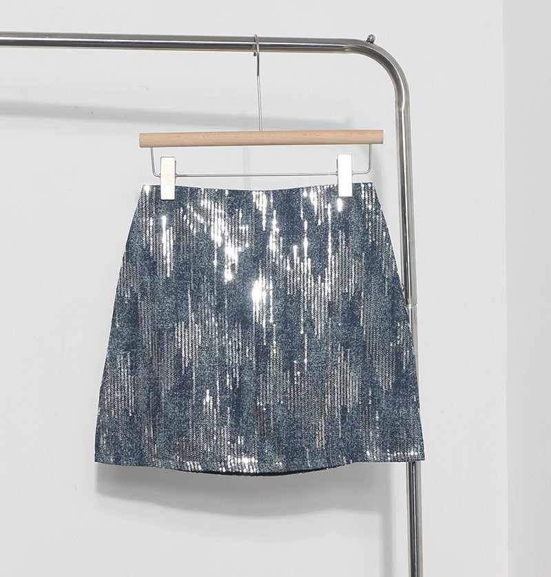 Hot Girl High Waist A- Line Sequined Skirt Shiny Lingerie Skirt