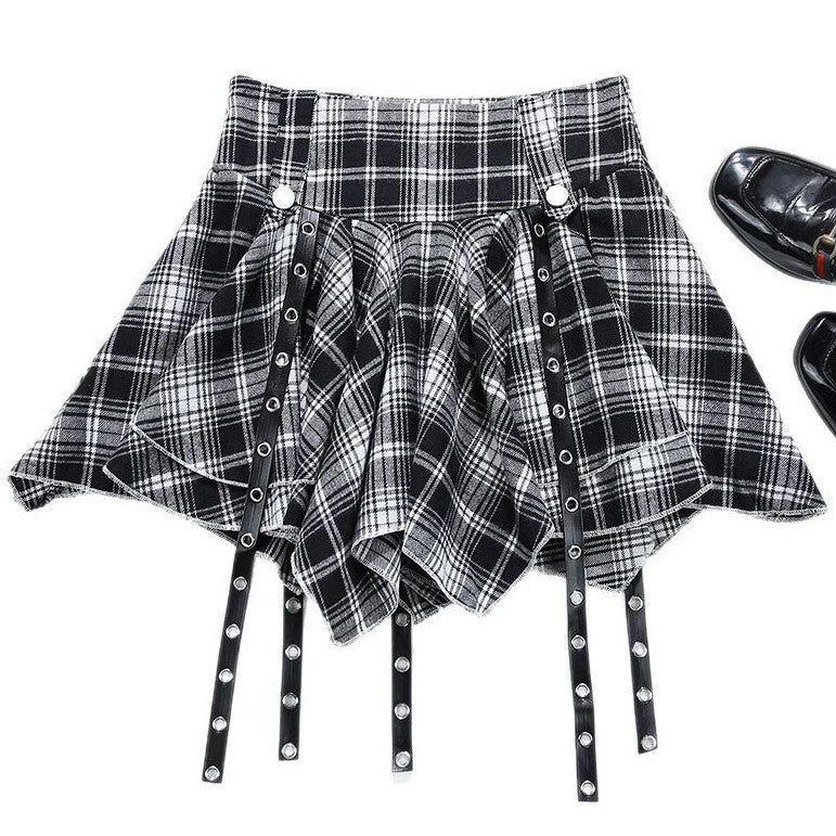 Irregular Red Plaid Pleated Lingerie Skirt