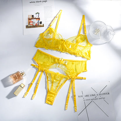 Lace Embroidered Bra, Panties, Garter Belt, Three-piece Suit