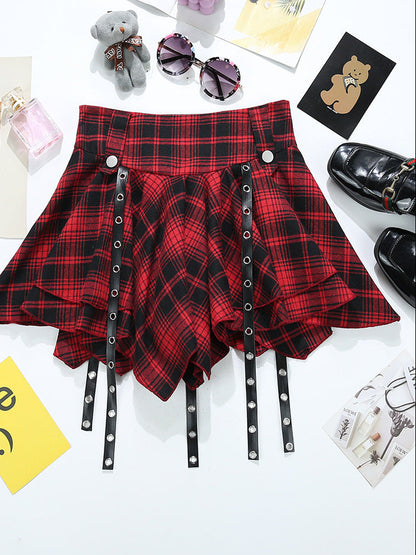 Irregular Red Plaid Pleated Lingerie Skirt
