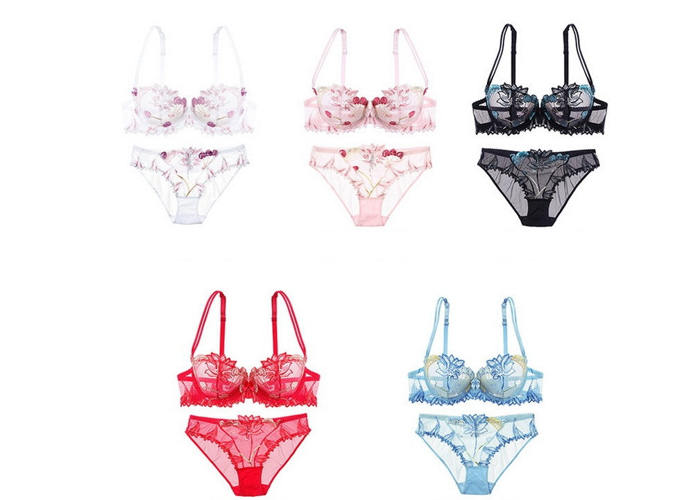 Embroidered lace cherry bra set