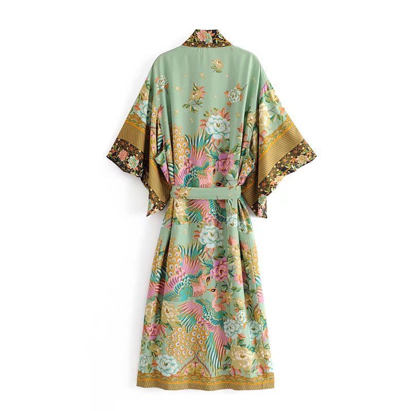 Bohemian Printed Crane Kimono Dress Robe
