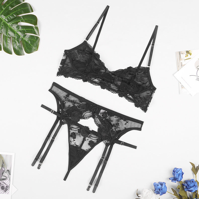 Lace Embroidered Bra, Panties, Garter Belt, Three-piece Suit