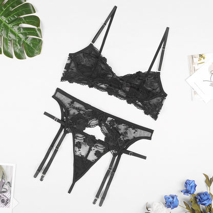 Lace Embroidered Bra, Panties, Garter Belt, Three-piece Suit