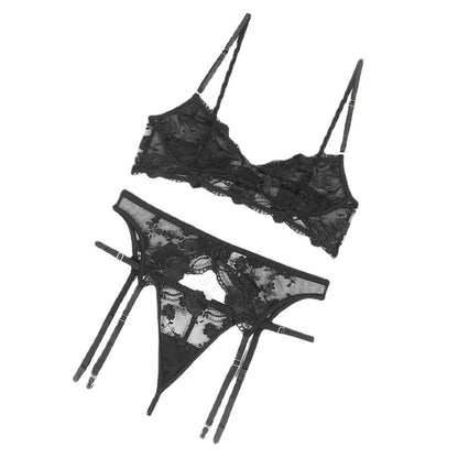 Lace Embroidered Bra, Panties, Garter Belt, Three-piece Suit