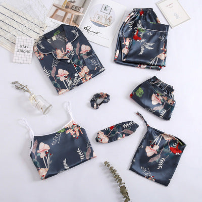 Ice Silk Sexy Seven-Piece Suit Peach Heart Thin Nightgown