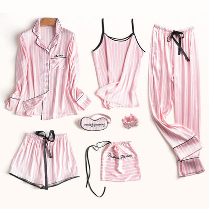 Ice Silk Sexy Seven-Piece Suit Peach Heart Thin Nightgown