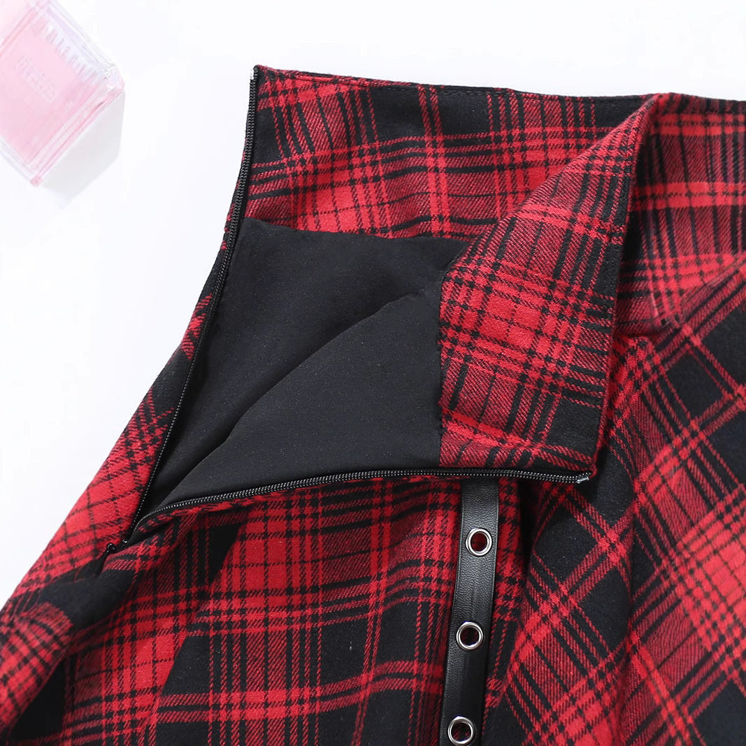 Irregular Red Plaid Pleated Lingerie Skirt