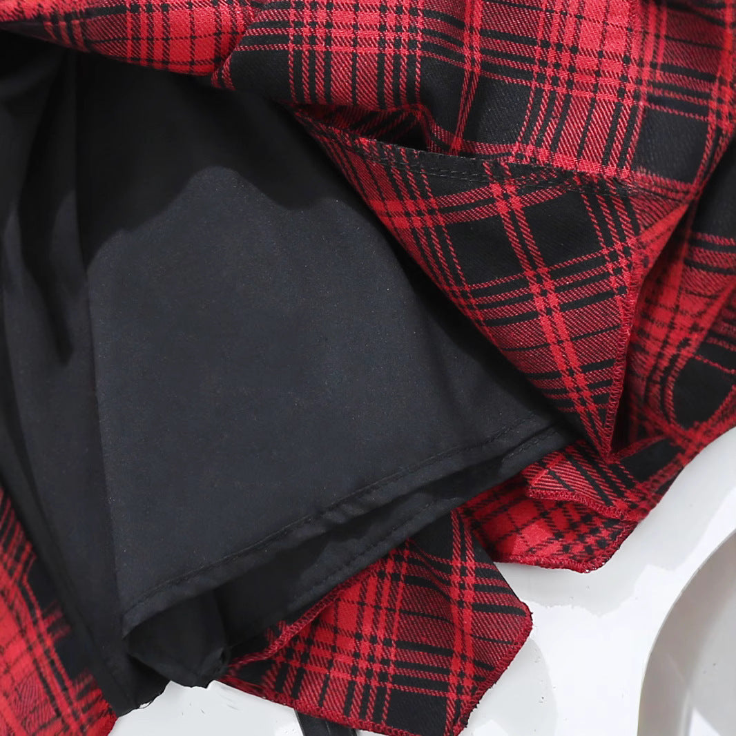 Irregular Red Plaid Pleated Lingerie Skirt