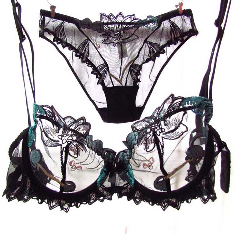 Embroidered lace cherry bra set