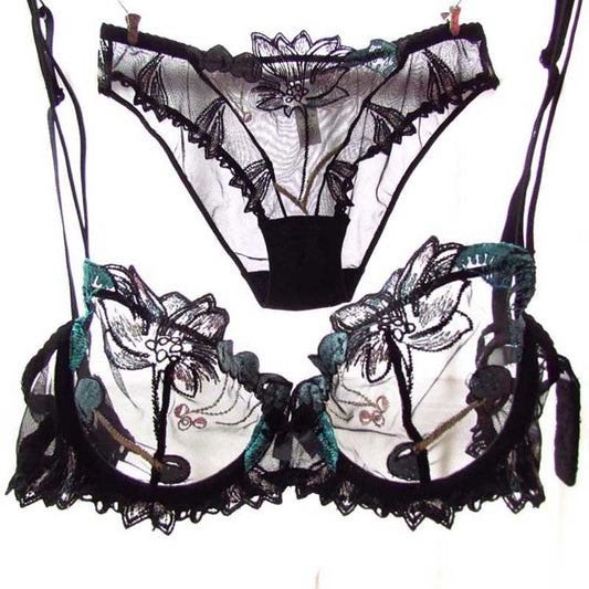 Embroidered lace cherry bra set