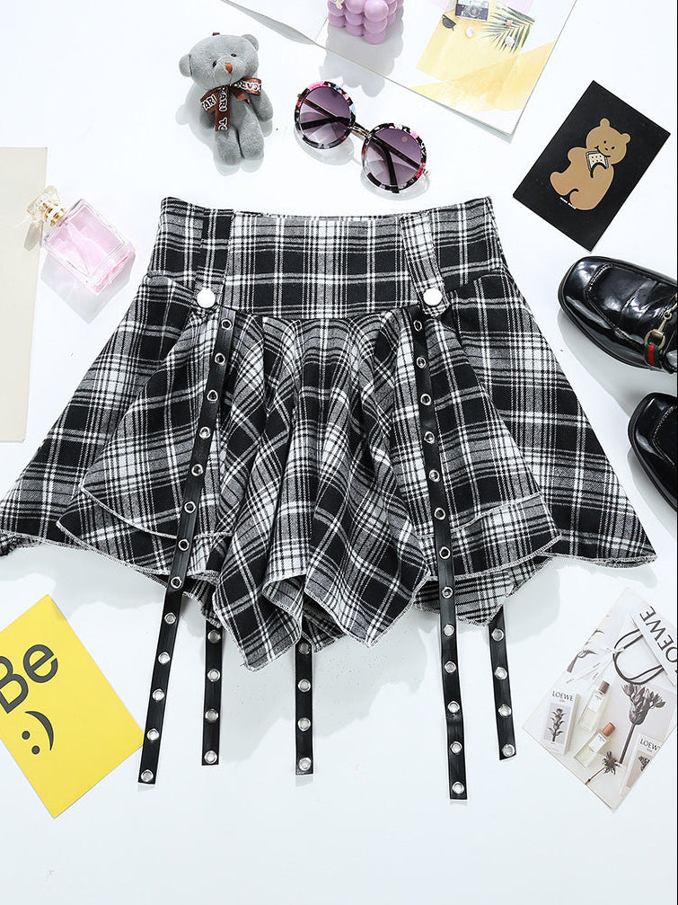 Irregular Red Plaid Pleated Lingerie Skirt