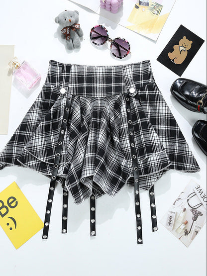 Irregular Red Plaid Pleated Lingerie Skirt