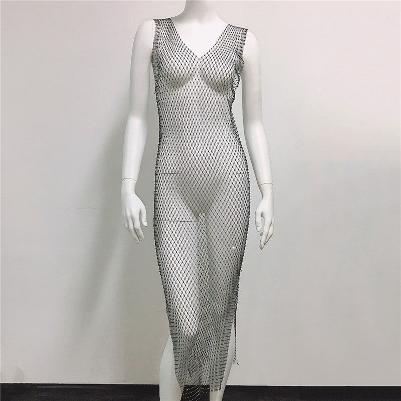 Rhinestone Mesh Sexy Suspender Dress