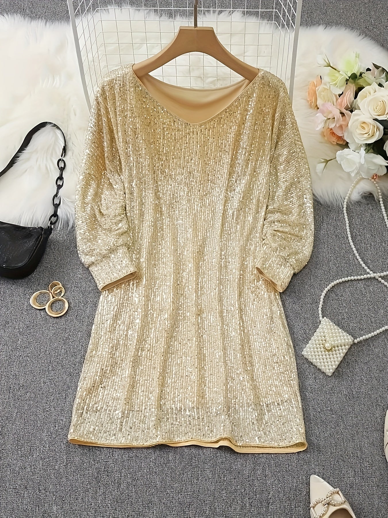 Shimmering Gold Low-Neck Short Lingerie Dress
