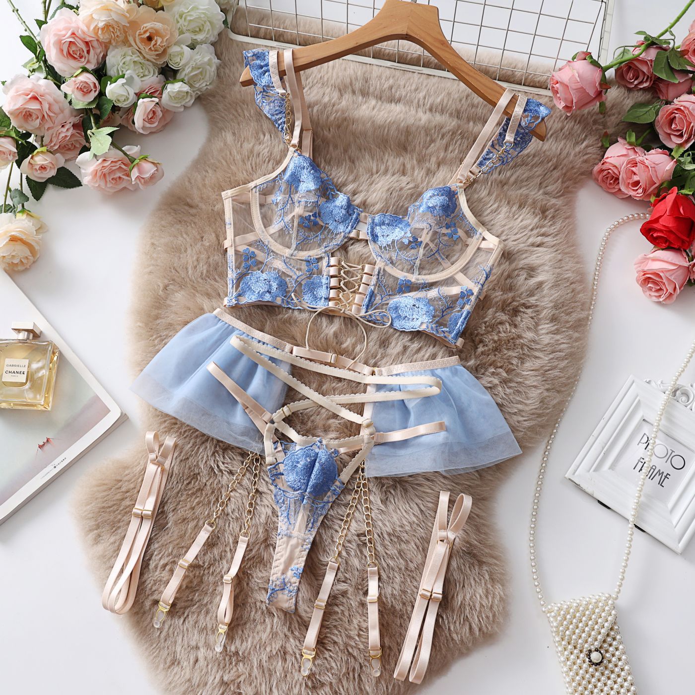 Embroidered Transparent Push Up Bra Set