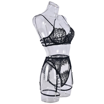 European And American Style Lace Three-point Sexy Sling Steel Ring 3-piece Sexy Lingerie