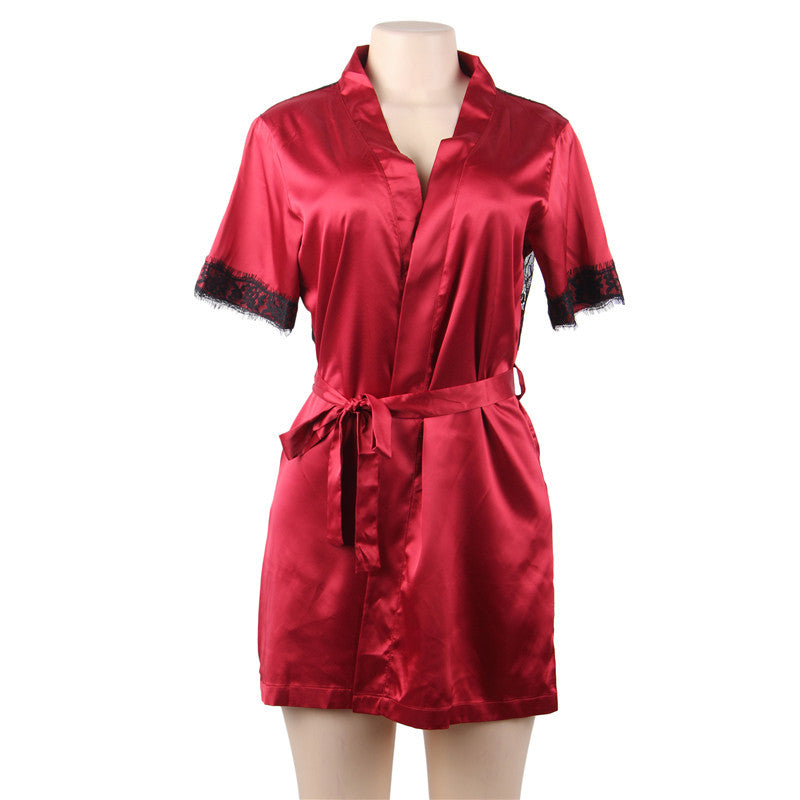Lace Short Sleeve Deep V Robe Plus Size