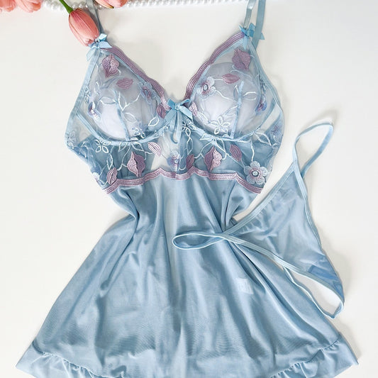 Embroidered Mesh Sexy Nightgown