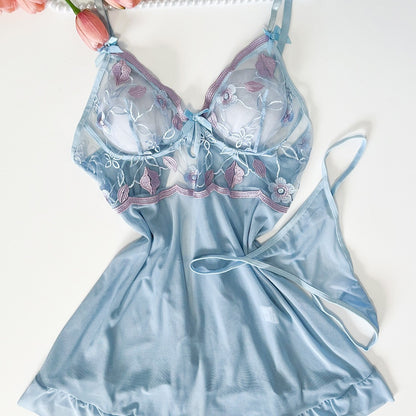 Embroidered Mesh Sexy Nightgown