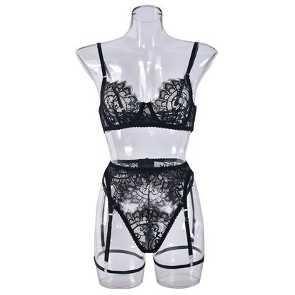 European And American Style Lace Three-point Sexy Sling Steel Ring 3-piece Sexy Lingerie
