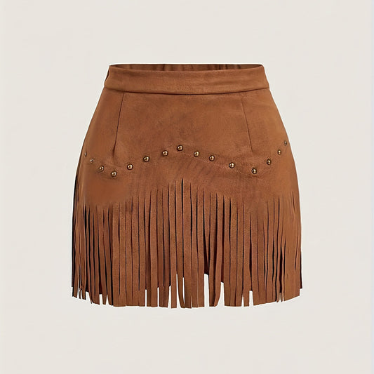 Lingerie Fringe Mini Skirt, Western Style A-Line Denim Skirt