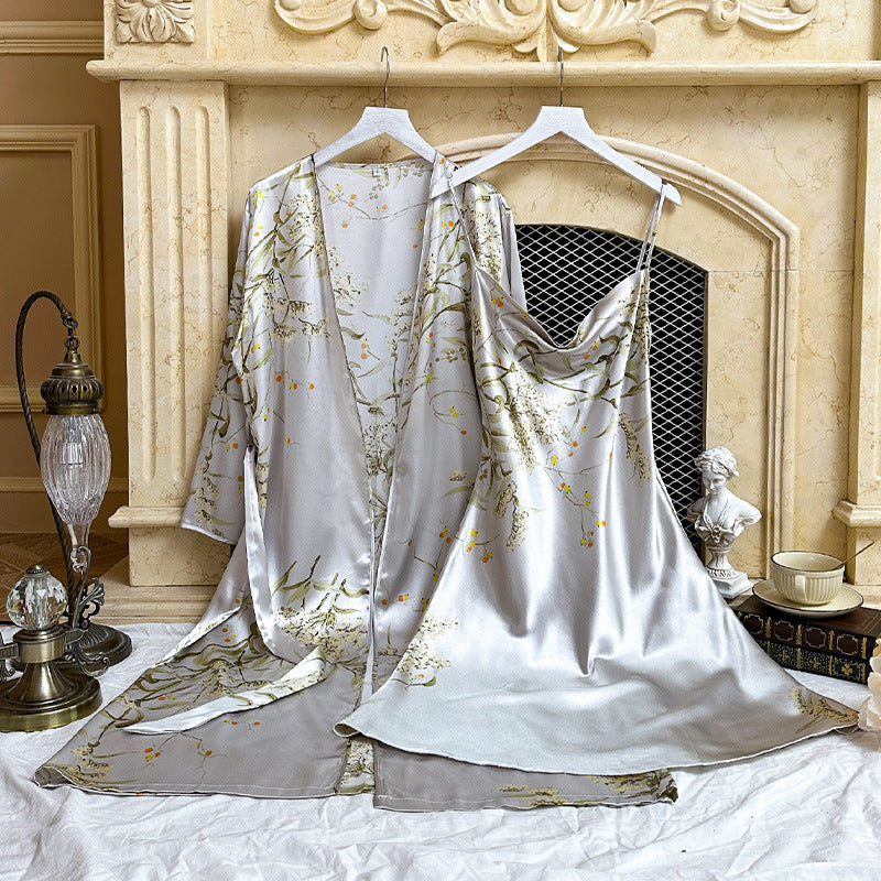 Printed Ice Silk Sling Nightgown Suit