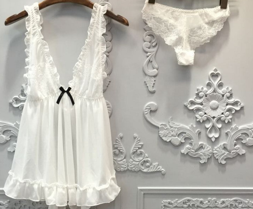 Sexy Women Nightgown+Pantie Set Deep V Lace
