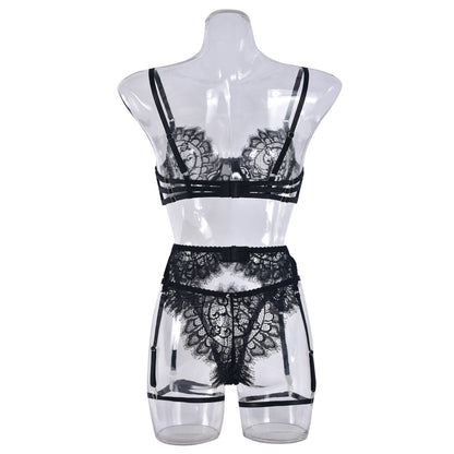 European And American Style Lace Three-point Sexy Sling Steel Ring 3-piece Sexy Lingerie