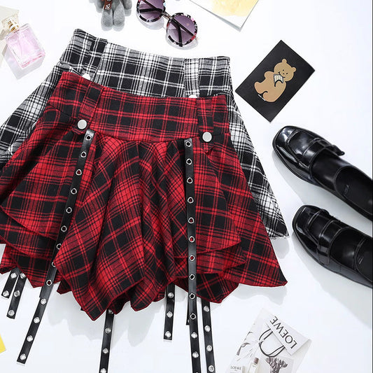 Irregular Red Plaid Pleated Skirt Exposure-proof Skirt