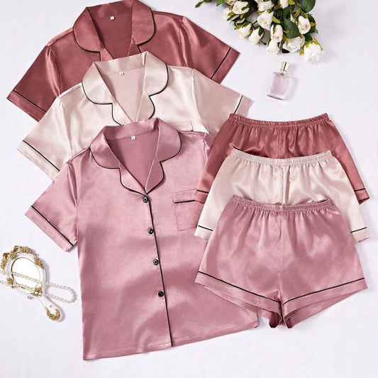 Short-sleeve Satin Three Pack Pajama Sets