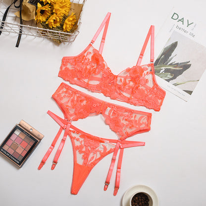 Orange Lace Lingerie 3pcs See Through