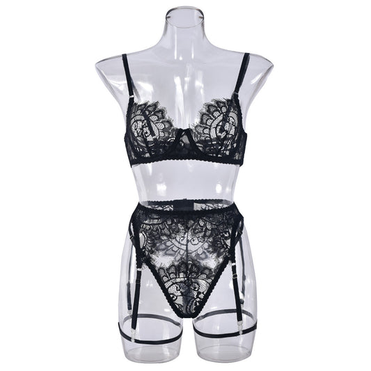 European And American Style Lace Three-point Sexy Sling Steel Ring 3-piece Sexy Lingerie
