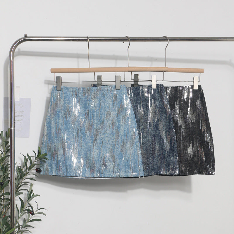 Hot Girl High Waist A- Line Sequined Skirt Shiny Lingerie Skirt